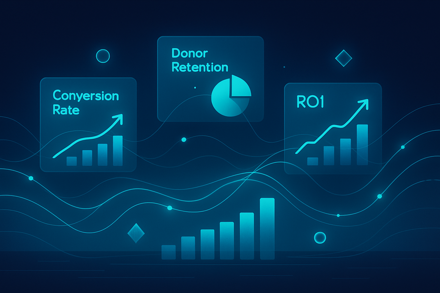 Futuristic digital landscape with glowing data streams, geometric shapes, and layered charts.