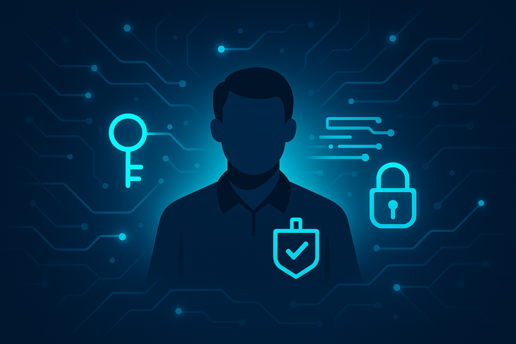 Futuristic digital network with circuits, nodes, hotel keys, data streams, and lock icons.