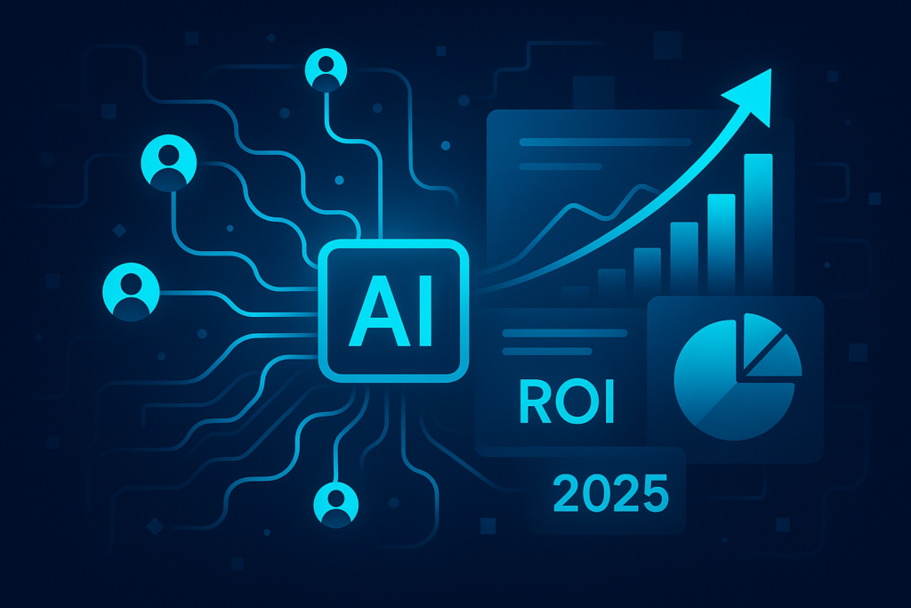Futuristic digital network with data nodes, arrows, and charts symbolizing AI-driven donor engagement.