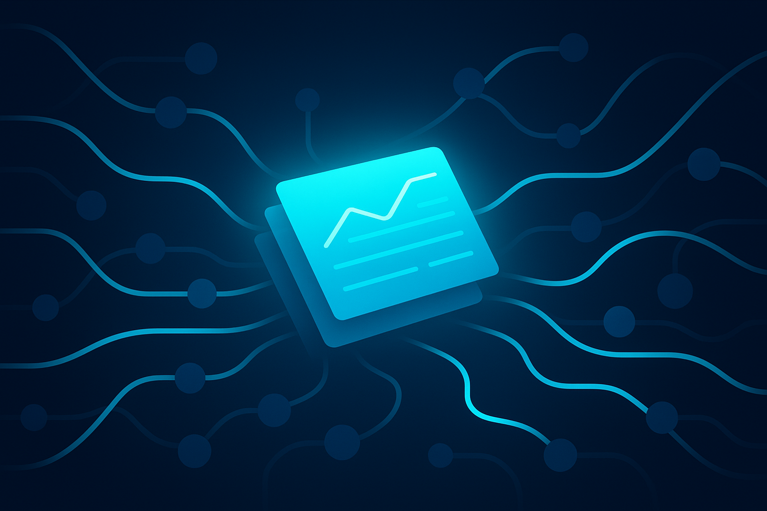 Futuristic digital network with glowing cyan lines and holographic interface on dark gradient background.