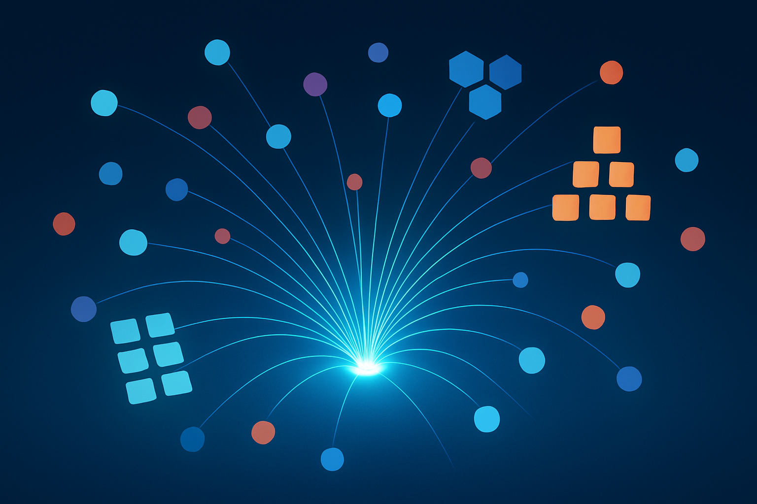 Futuristic digital network with glowing cyan threads, nodes, and department clusters in dark blue gradient.