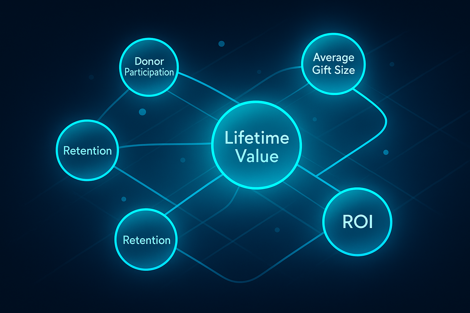 Futuristic digital network with glowing data orbs representing donor metrics and connections.