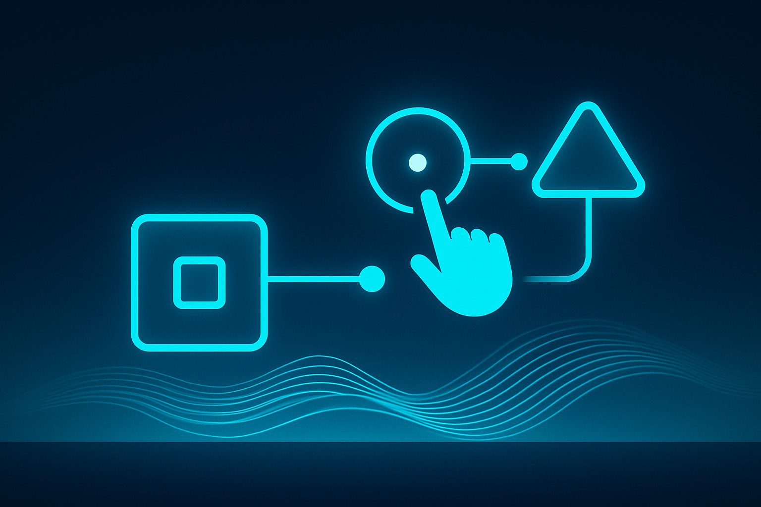 Futuristic digital network with glowing data points and flowing pathways against dark blue background.