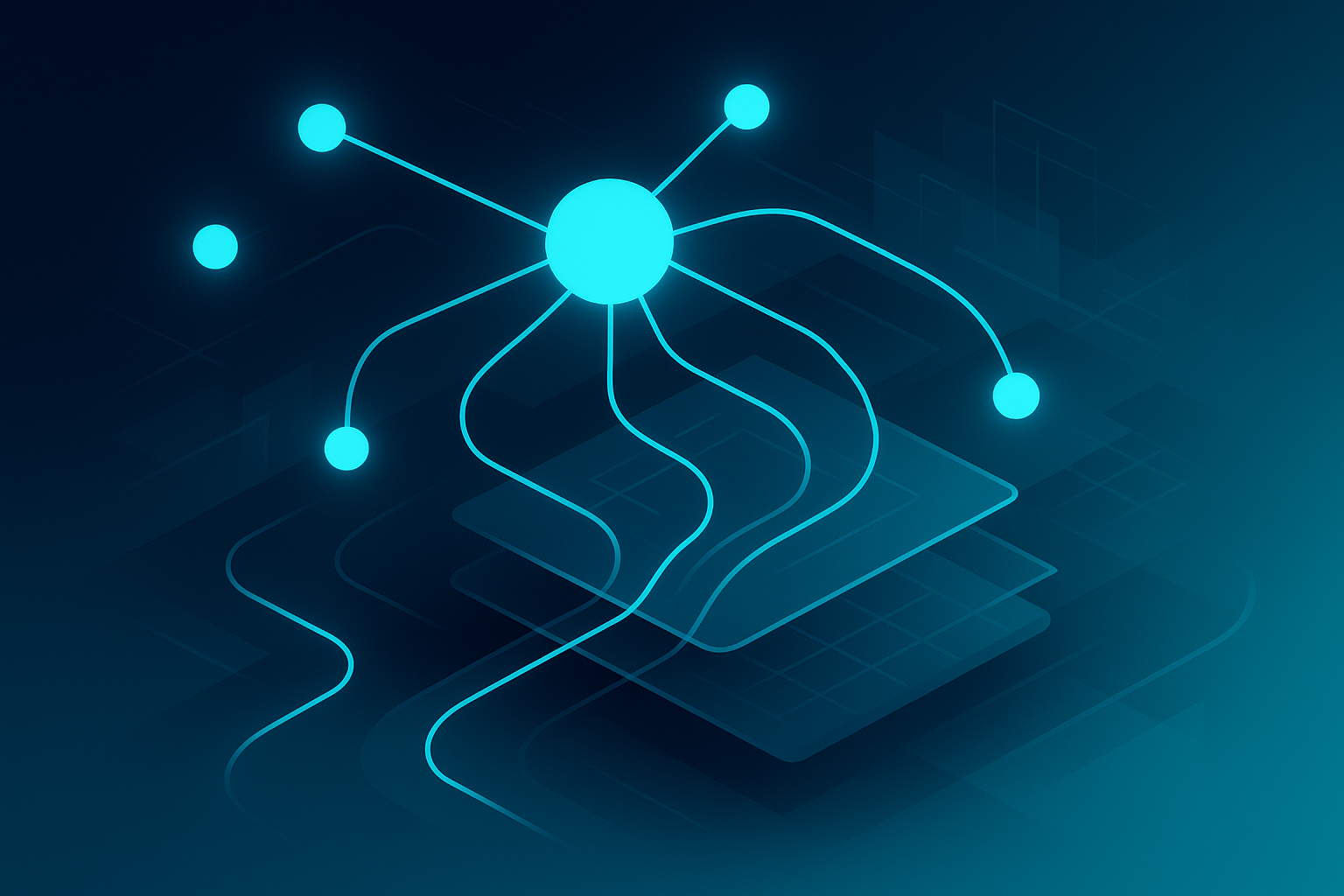 Futuristic digital network with glowing nodes, data streams, and layered screens in blue and cyan tones.