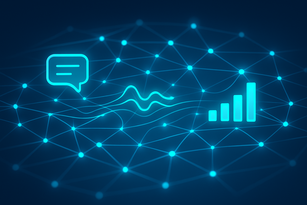 Futuristic digital network with glowing nodes, data streams, speech bubbles, and growth symbols.