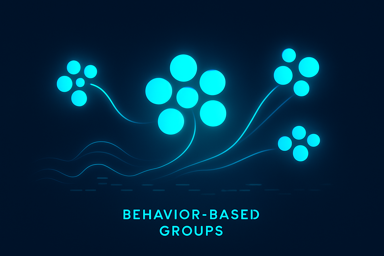 Futuristic digital scene with glowing orbs, flowing lines, and pulsing waves in dark blue and cyan tones.