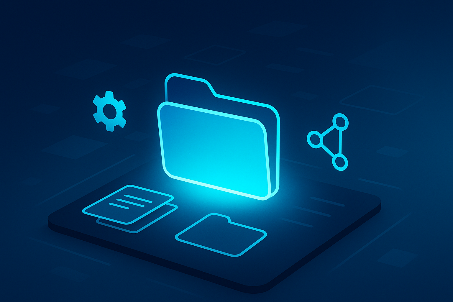 Futuristic digital workspace with glowing folder, gears, documents, and network nodes in cool tones.