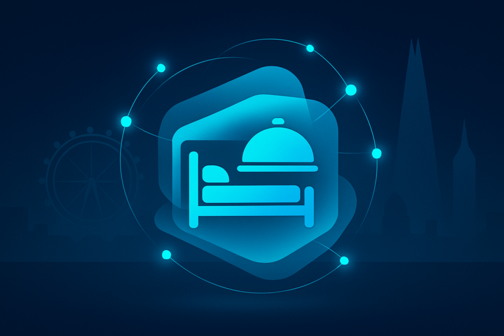 Futuristic flat illustration with layered shapes, glowing nodes, and London silhouettes in cyan glow.