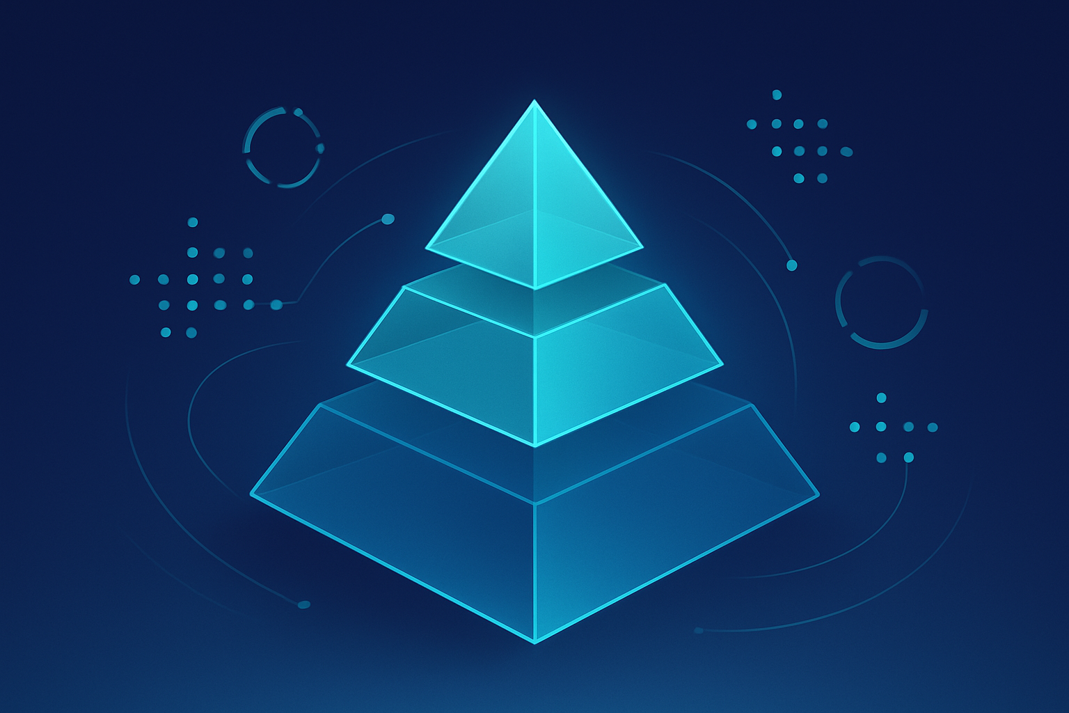Futuristic layered pyramid with glowing cyan edges, floating data nodes, and automation lines.