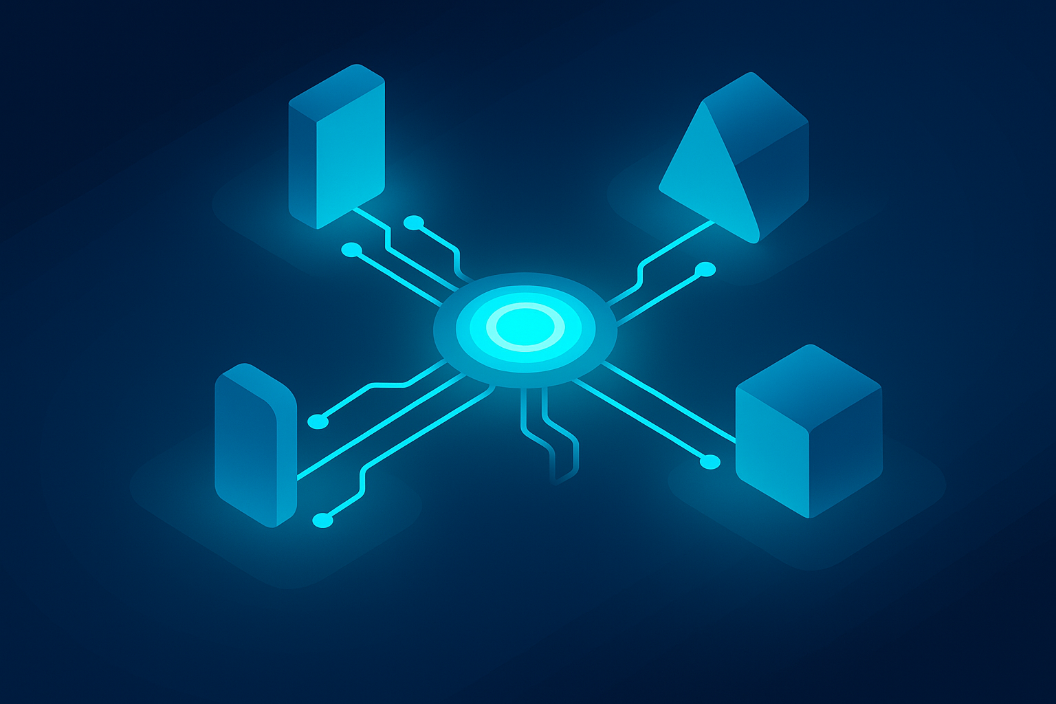 Futuristic neon cyan hub connecting to geometric obstacles on dark blue gradient background.