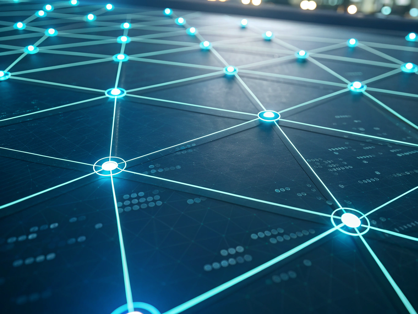 Futuristic network of glowing cyan nodes and lines with dynamic, contrasting connection clusters.