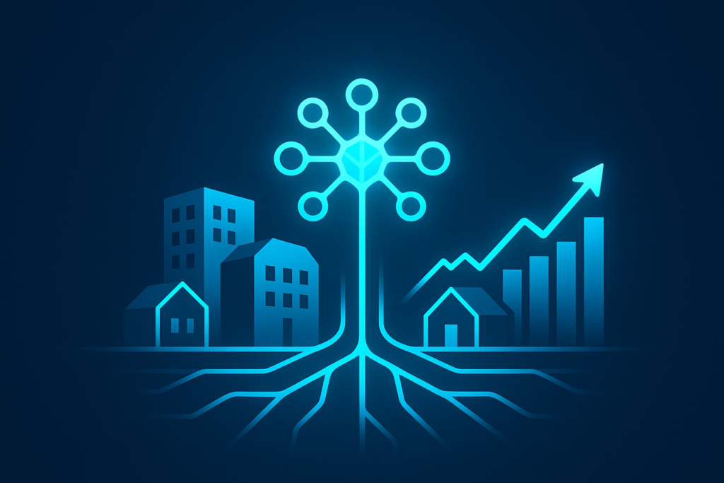 Futuristic neural network with digital graphs and property outlines against dark blue neon backdrop.