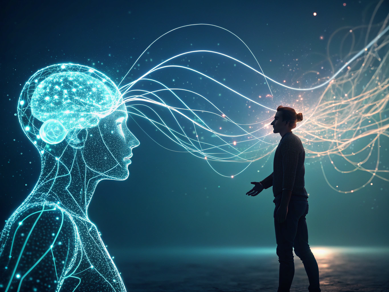 Futuristic scene of human and AI exchanging glowing data streams with neural pathways.