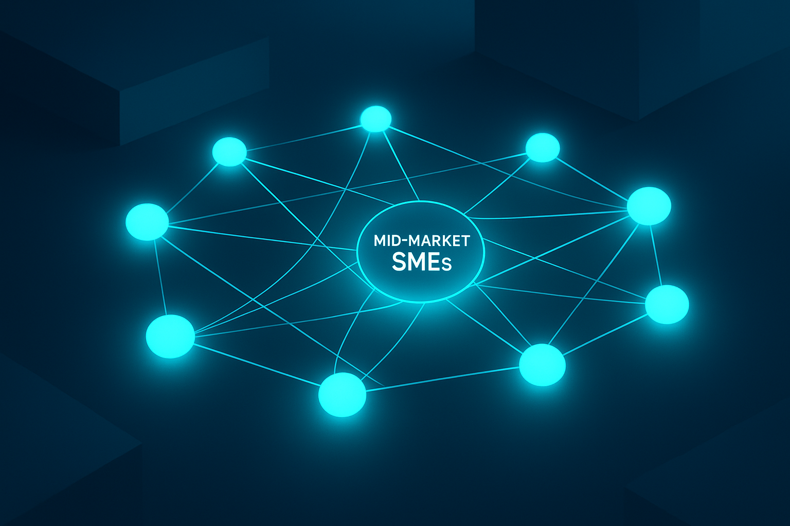 Glossy network of interconnected nodes and threads on dark blue gradient background with cyan highlights.