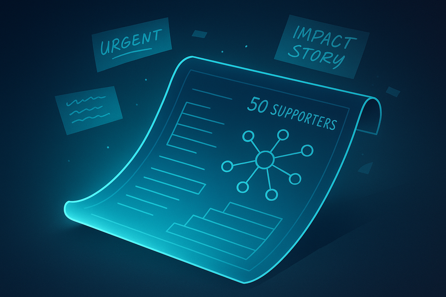 Glowing blueprint with connection nodes, donation tiers, handwritten scripts, and dynamic tilt.