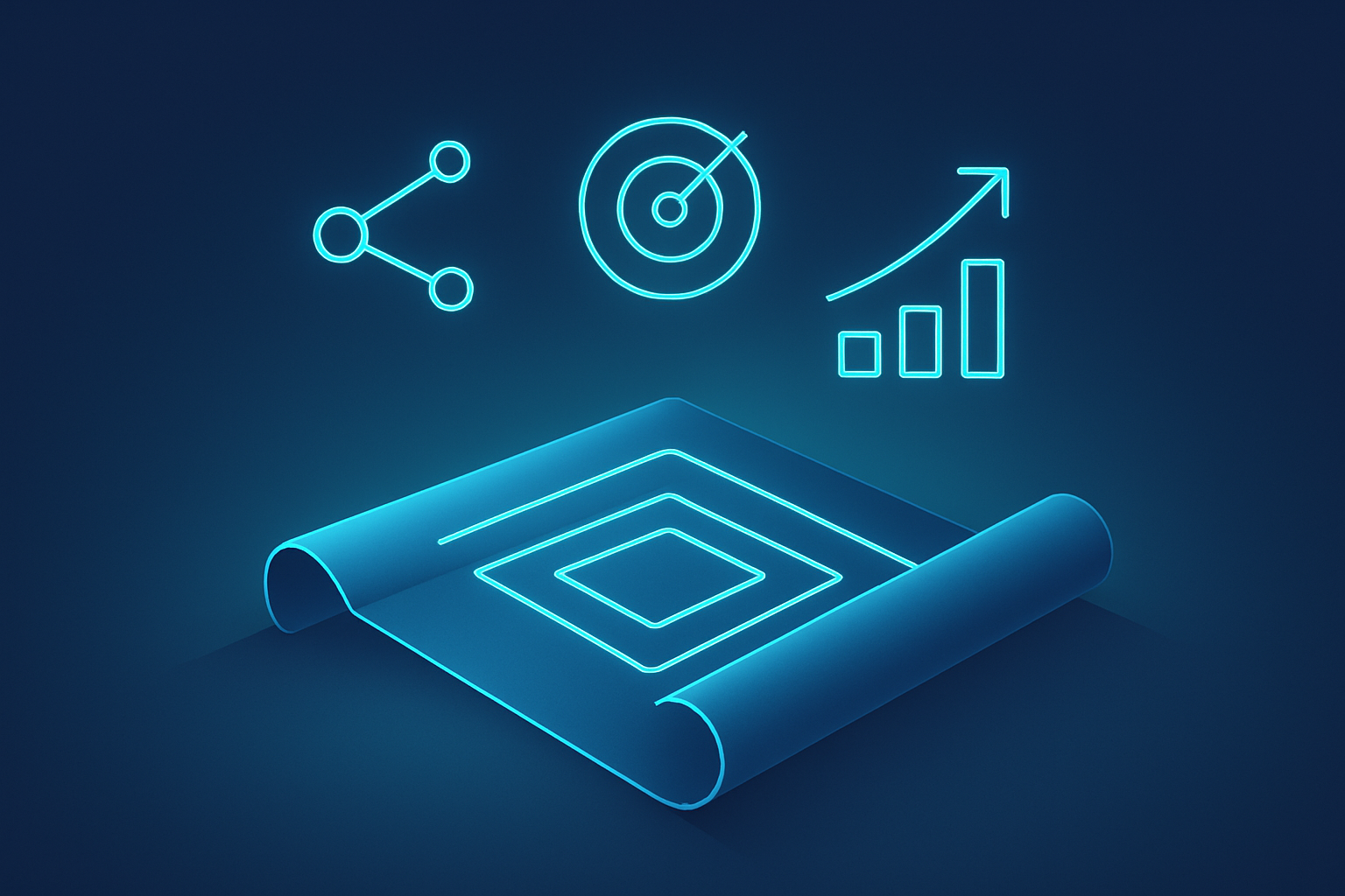 Glowing blueprint with geometric shapes, interconnected icons, and arrows in neon cyan on dark blue background.