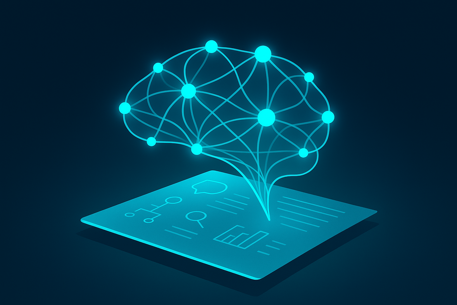 Glowing cyan neural network with data nodes above digital parchment on dark blue gradient background.