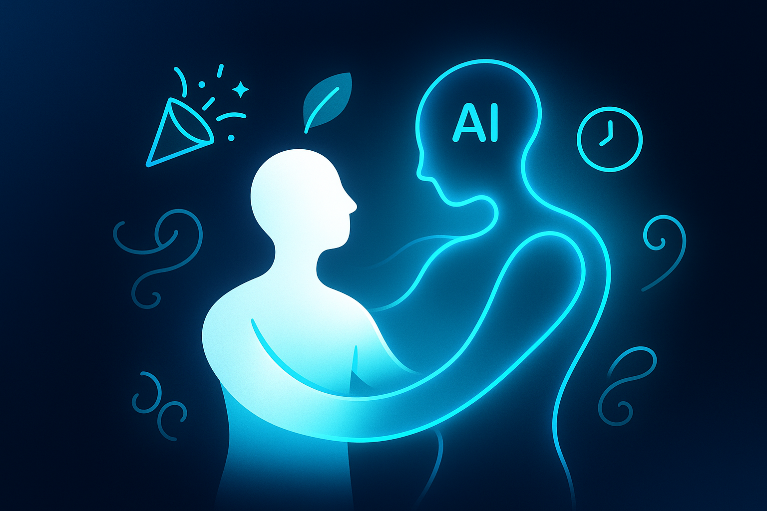 Glowing human silhouette and AI form intertwined amid symbols of celebration, nature, and refined taste.