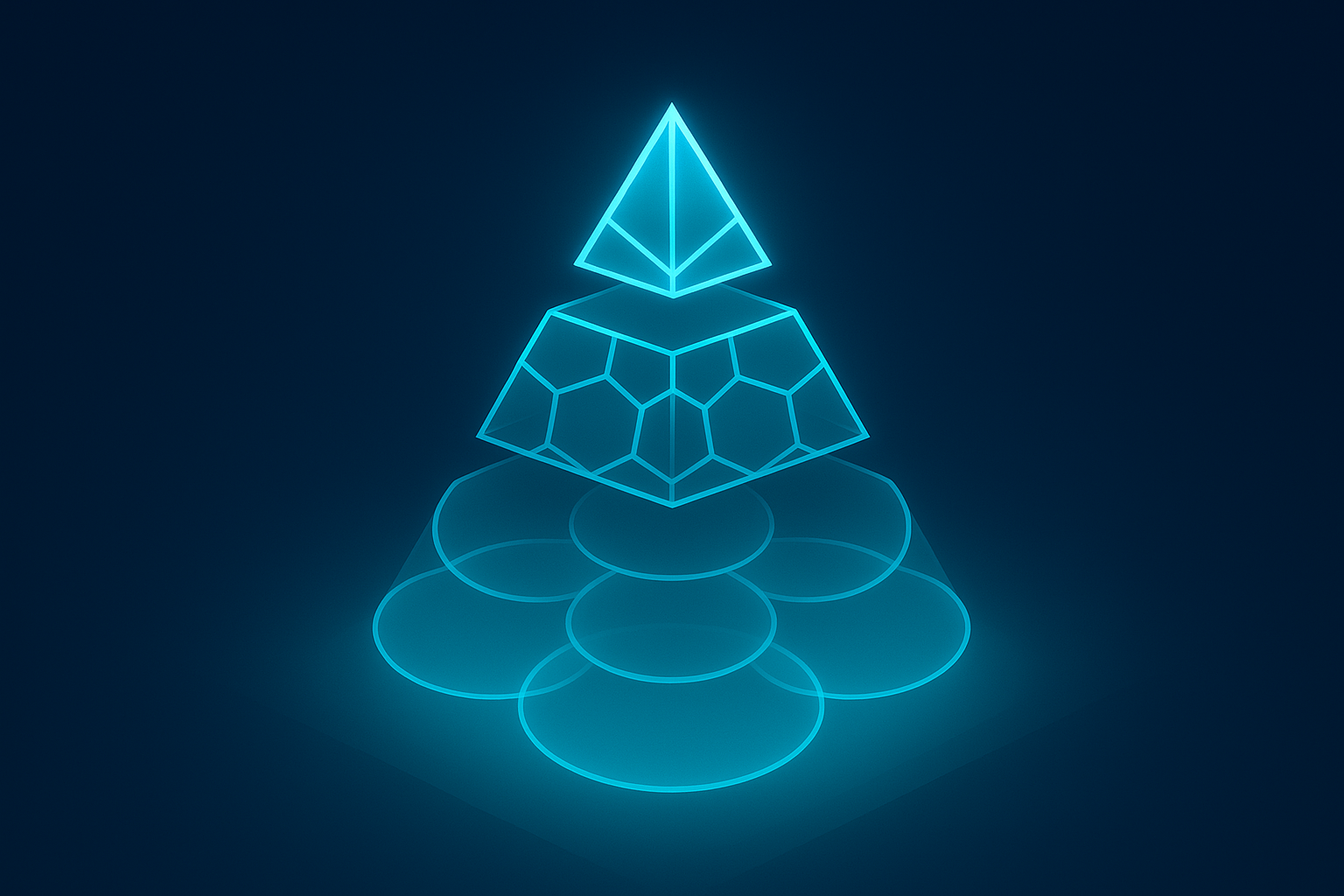 Glowing layered pyramid with geometric shapes representing contributions, participation, and major gifts.