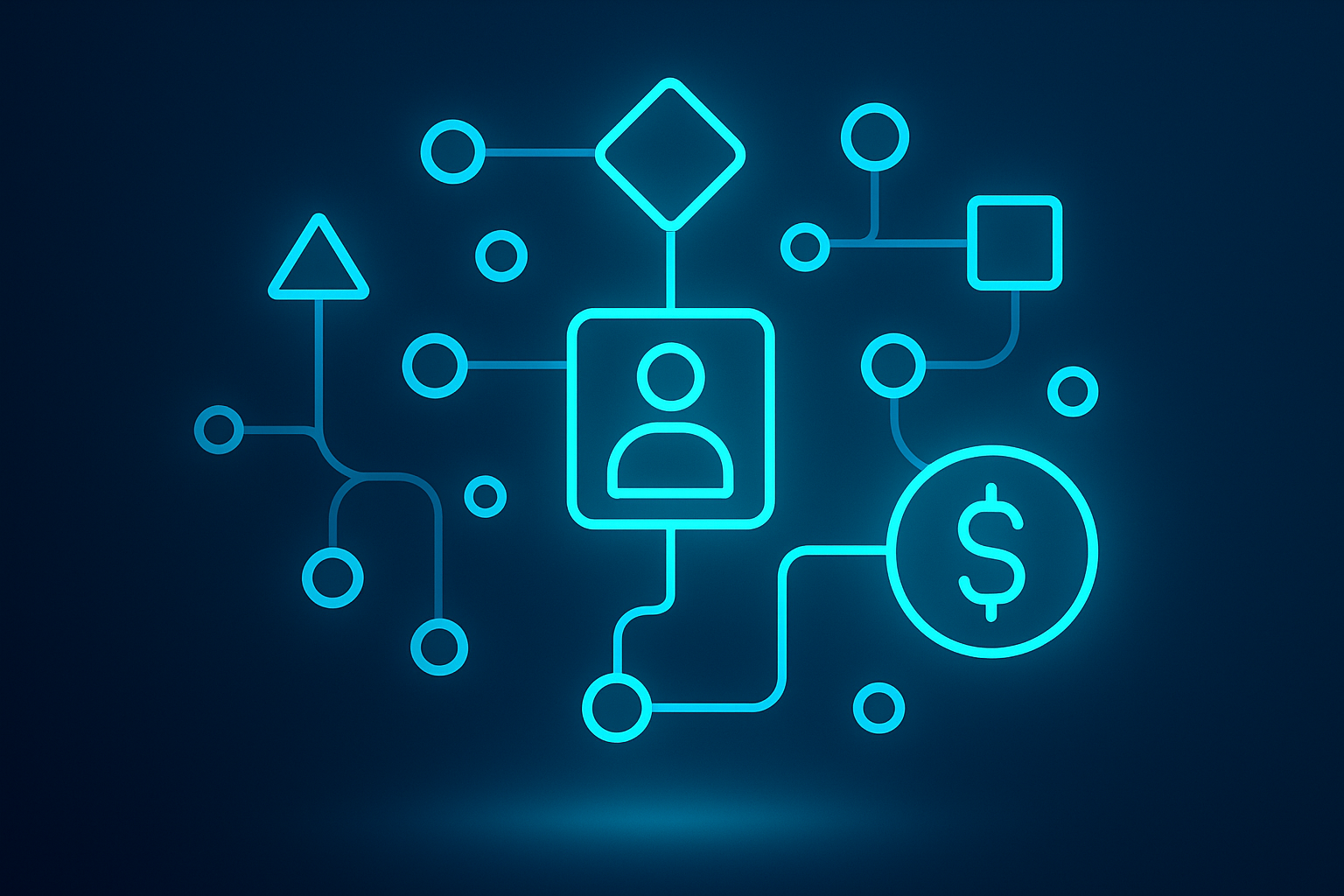 Glowing network of interconnected nodes and geometric shapes on dark blue background with cyan highlights.