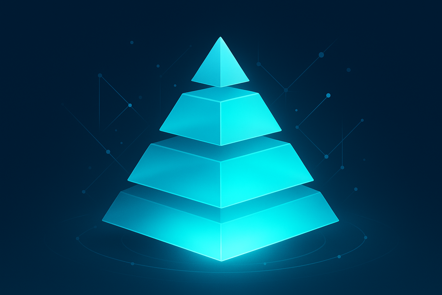 Glowing translucent pyramid with pulsing tiers, connected by ethereal lines against dark gradient background.