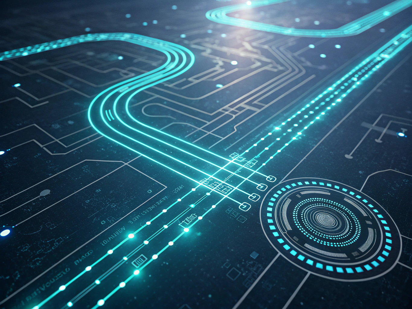 Interconnected glowing cyan streams converge at central hub amid neon-lit geometric, circuit, and node patterns