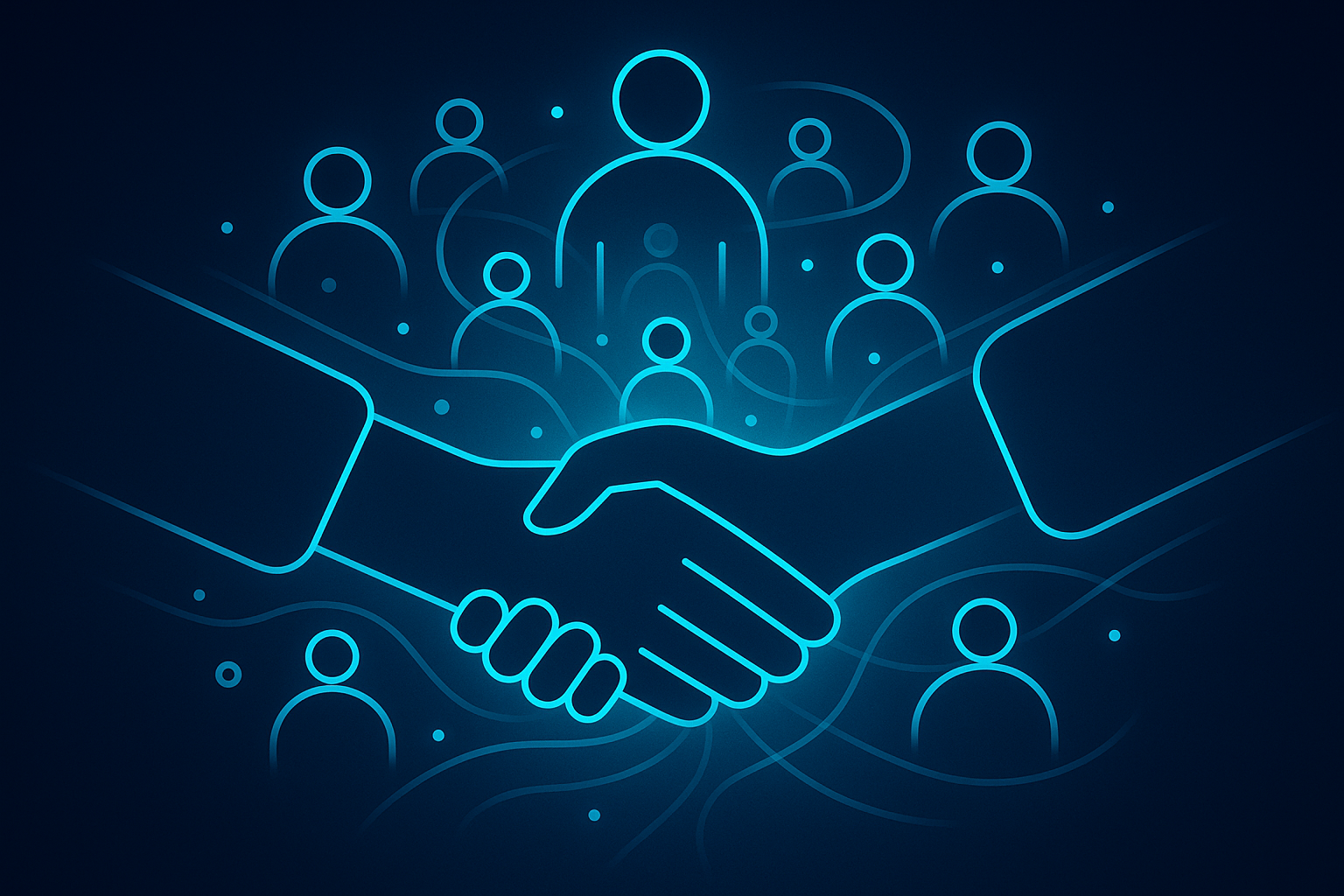 Interconnected glowing hands and abstract figures symbolizing community unity over a dark tech-inspired background.