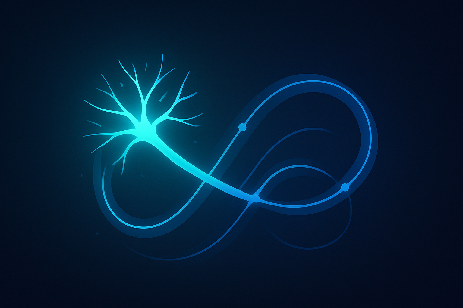 Intertwined glowing cyan and blue neural pathways on dark gradient background with neon highlights.
