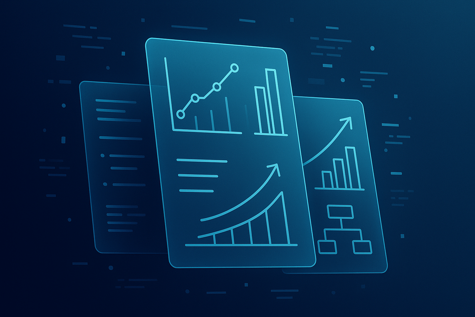 Layered translucent panels with glowing cyan lines, abstract shapes, and floating code in a digital blue background.