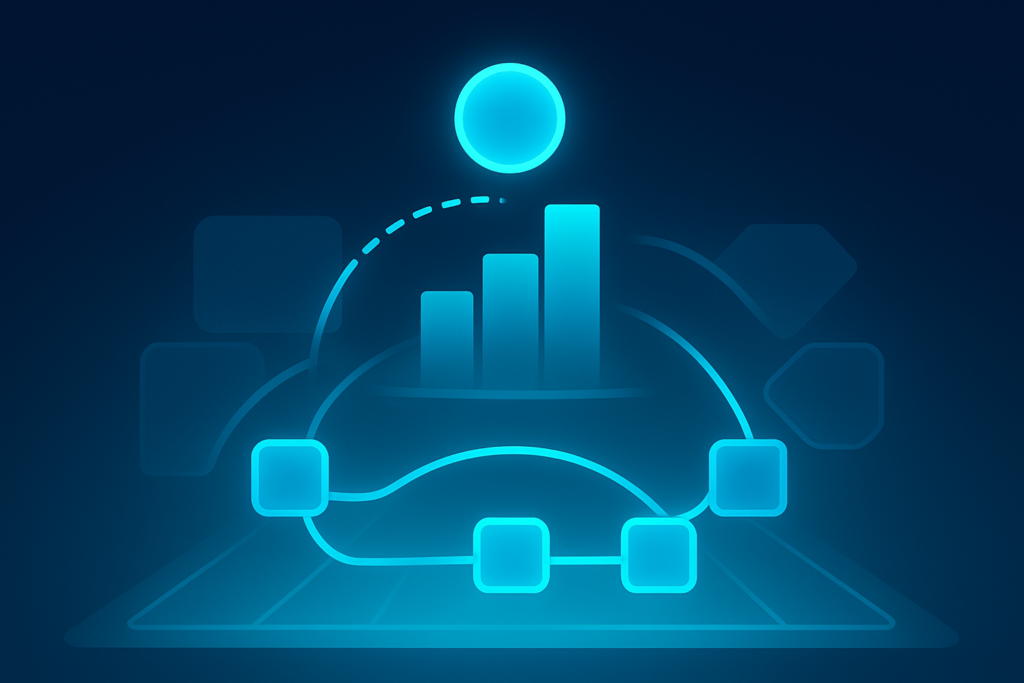 Modern abstract command center with glowing neon geometric shapes and interconnected pathways.