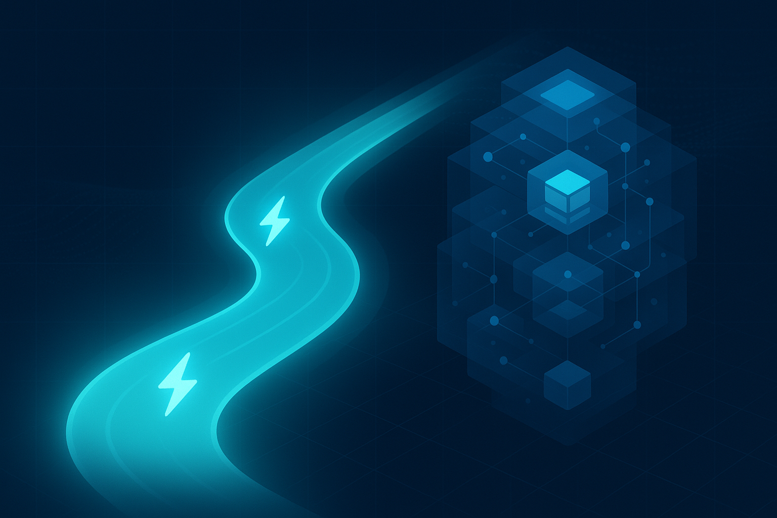 Modern data streams with neon cyan and geometric database icons over dark tech background.