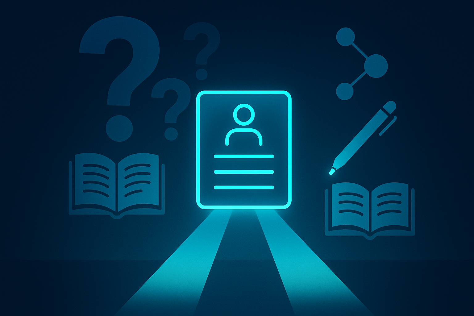 Modern digital contact form surrounded by abstract symbols of guidance and expertise in cool neon tones.
