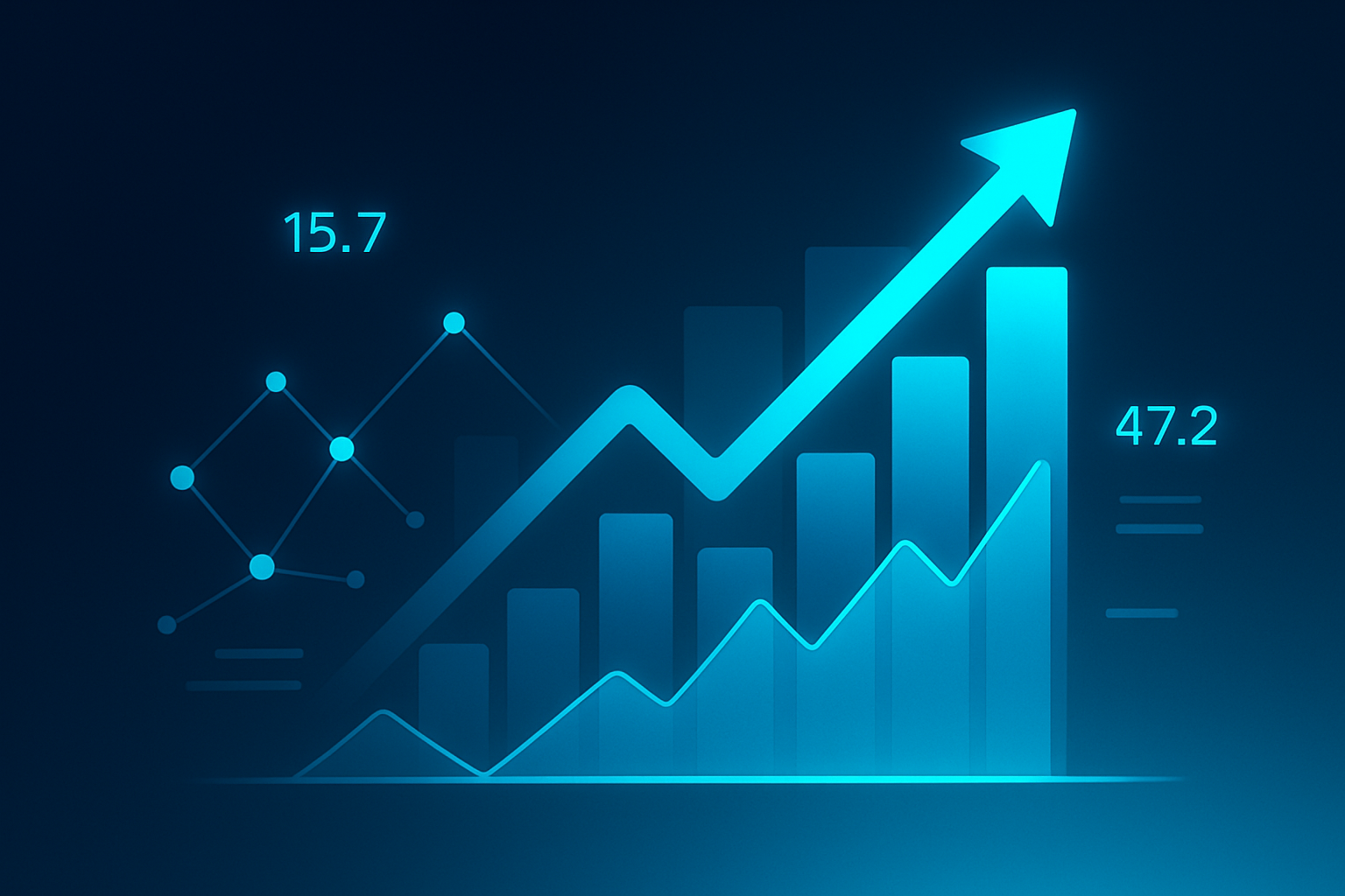 Modern digital data visualization with glowing geometric shapes, graphs, and numeric pulses.