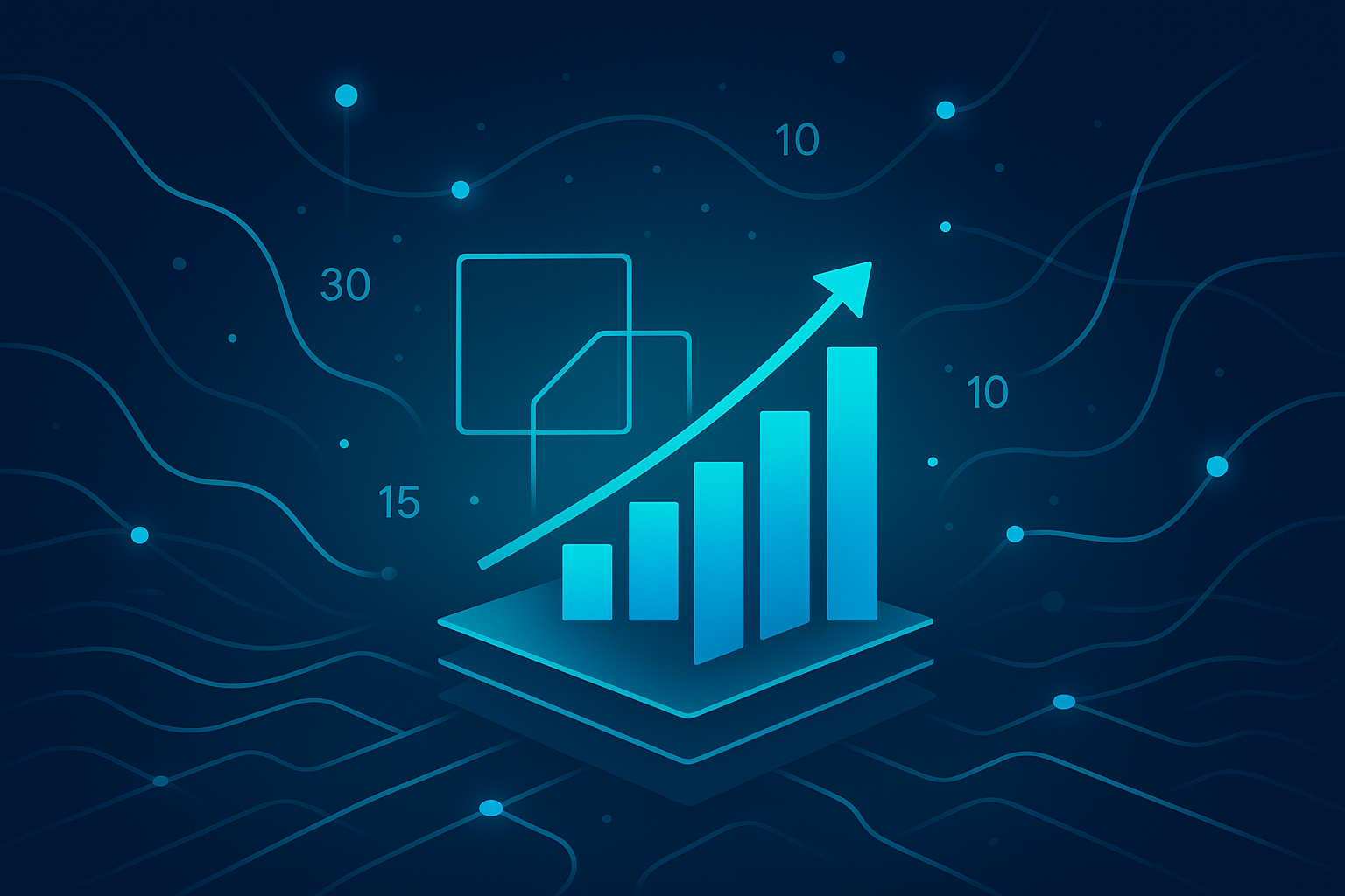 Modern digital ecosystem with glowing neon lines, geometric shapes, and rising bar graphs.