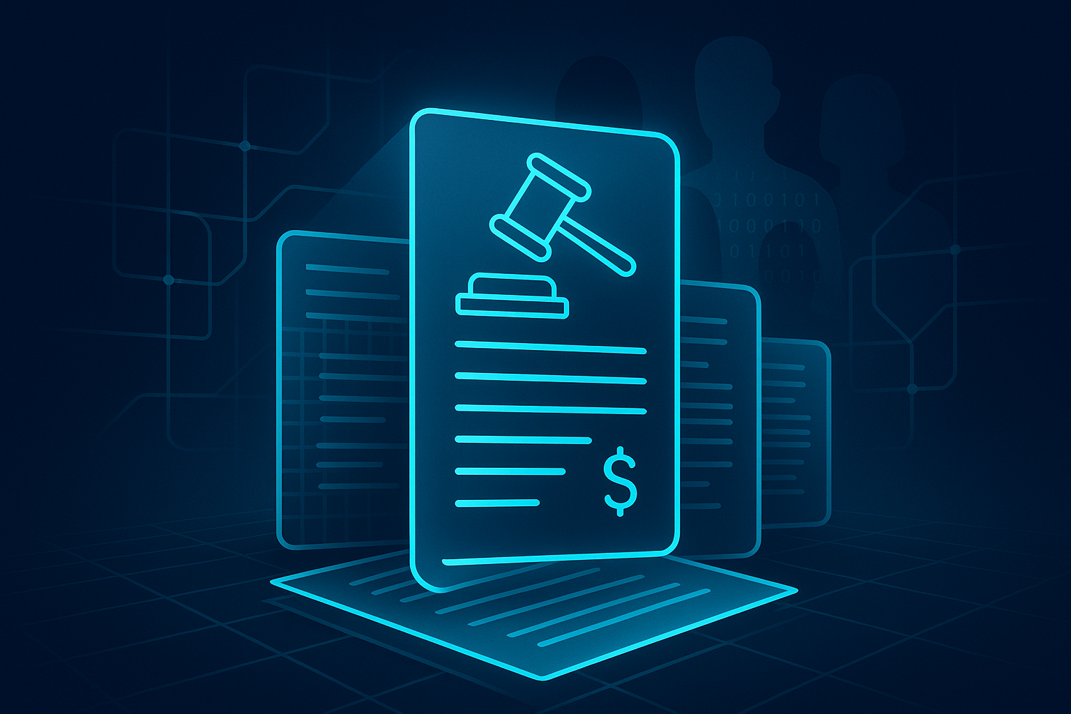 Modern digital illustration of interconnected grids, ledger sheets, and encrypted figures symbolizing data privacy and legal compliance.