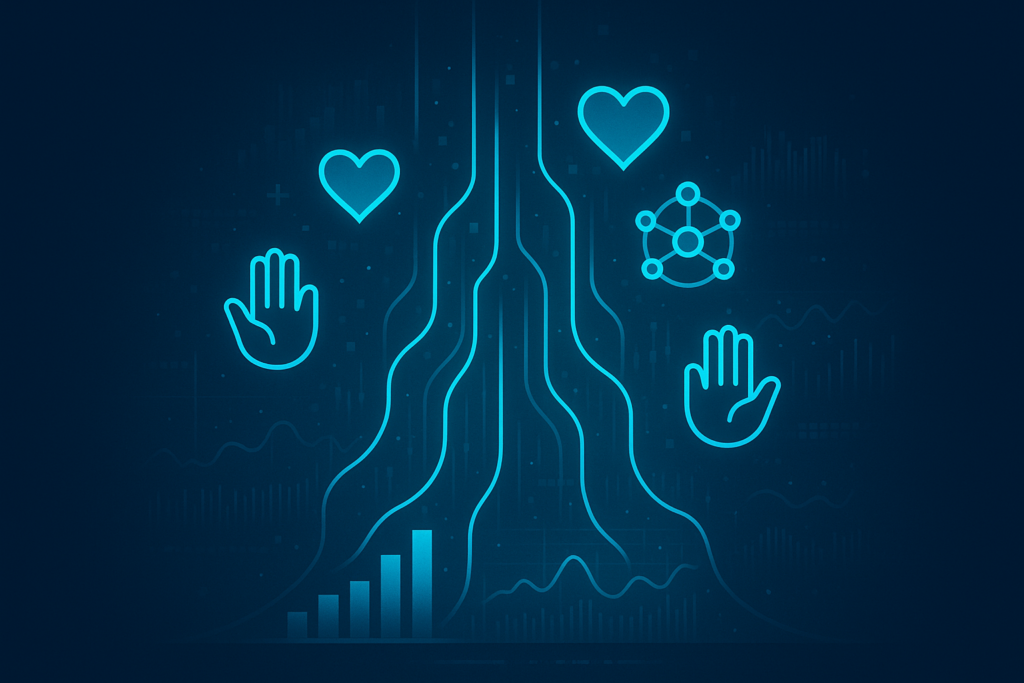 Modern digital illustration with interconnected data streams, icons of hands, hearts, and networks.