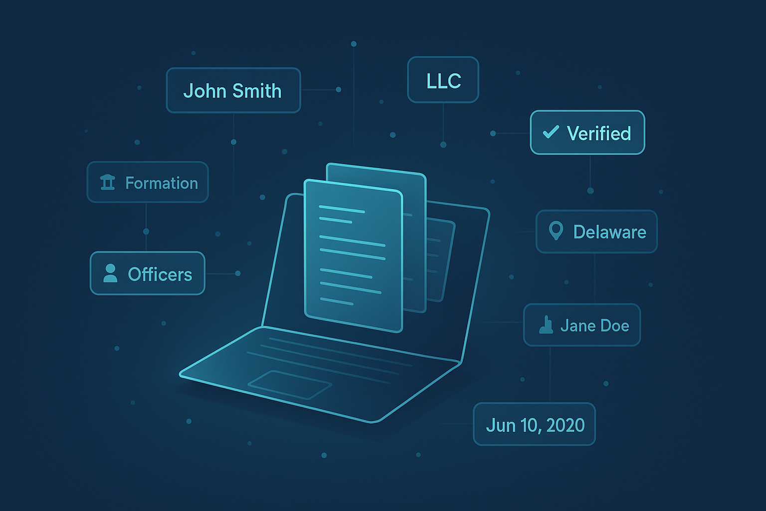Modern digital workspace with holographic data points, icons, and layered fact sheets in neon blue tones.