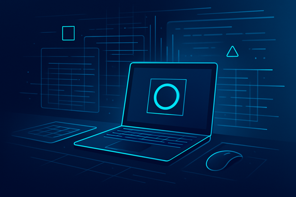 Modern digital workspace with interconnected grids, geometric shapes, and glowing data streams.