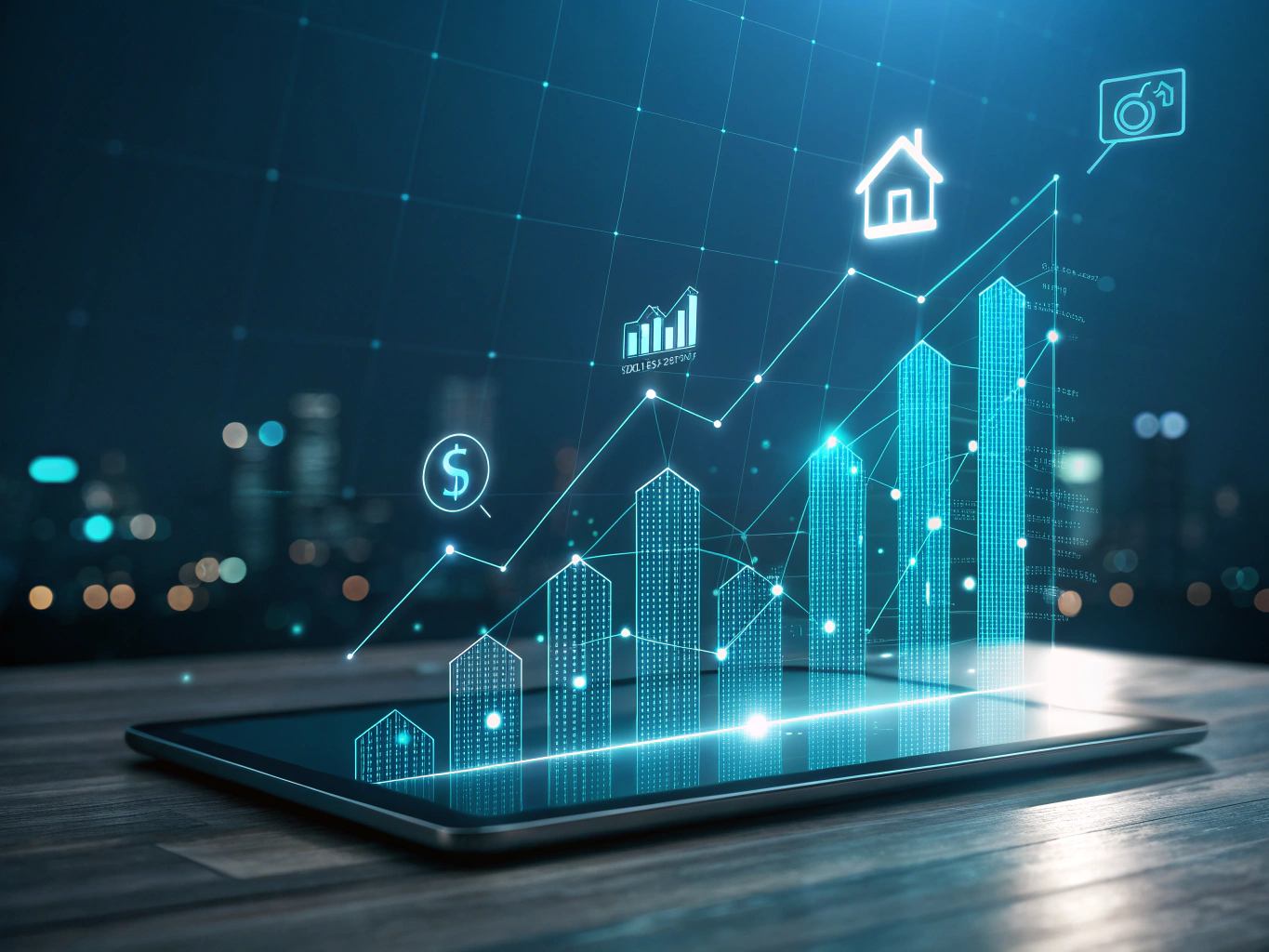 Modern flat illustration of data grids, bar graphs, cityscapes, and home icons with neon lines.