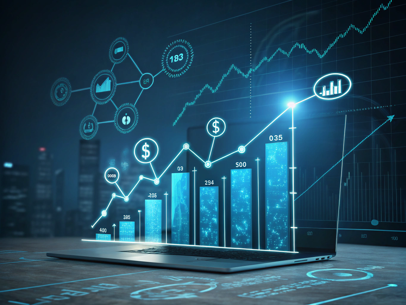 Modern flat illustration of glowing nodes, arrows, and chat bubbles representing digital success metrics.