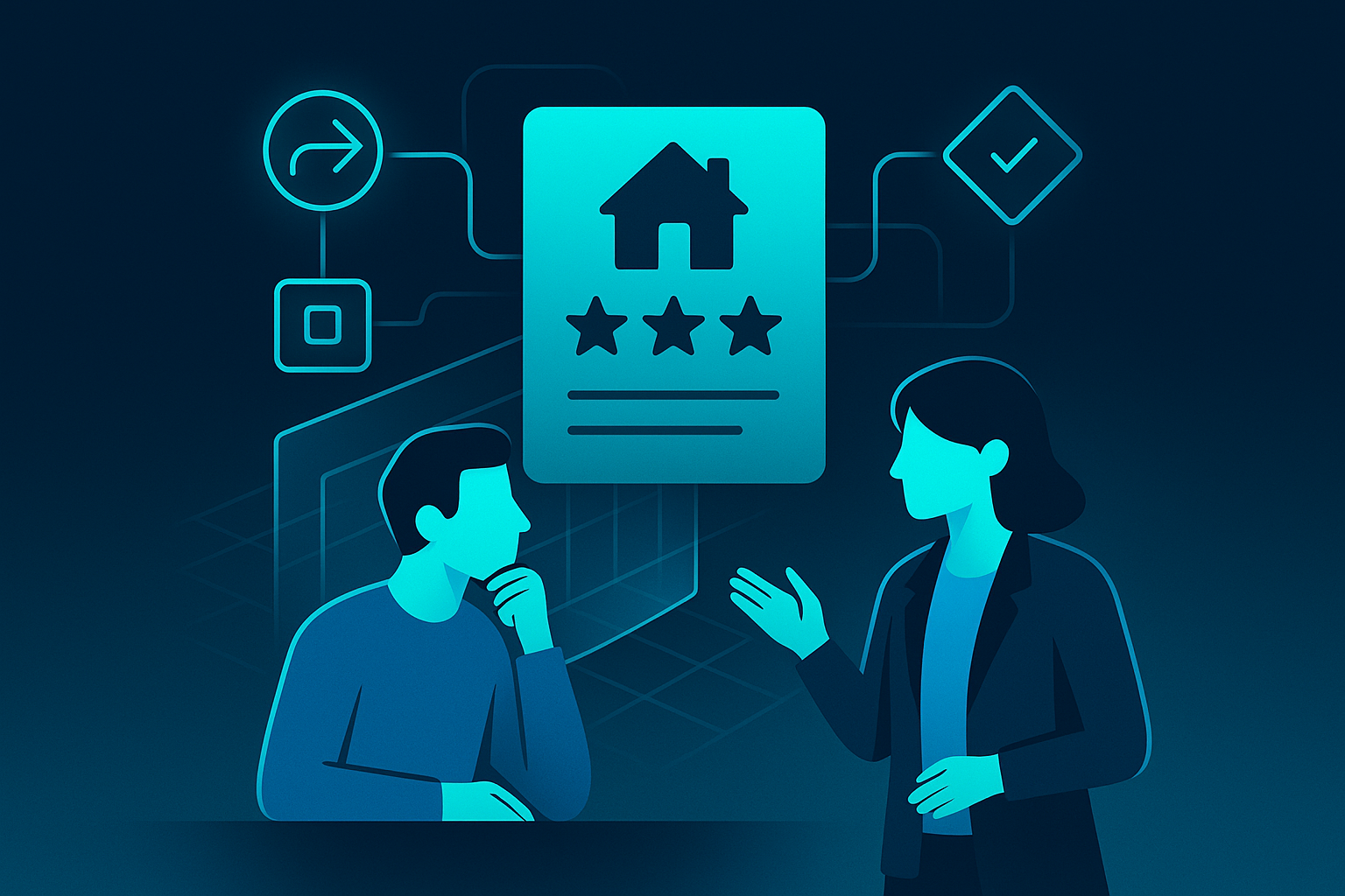 Modern flat illustration of interconnected geometric shapes, human silhouettes, and transparent grids in neon blue on dark background.