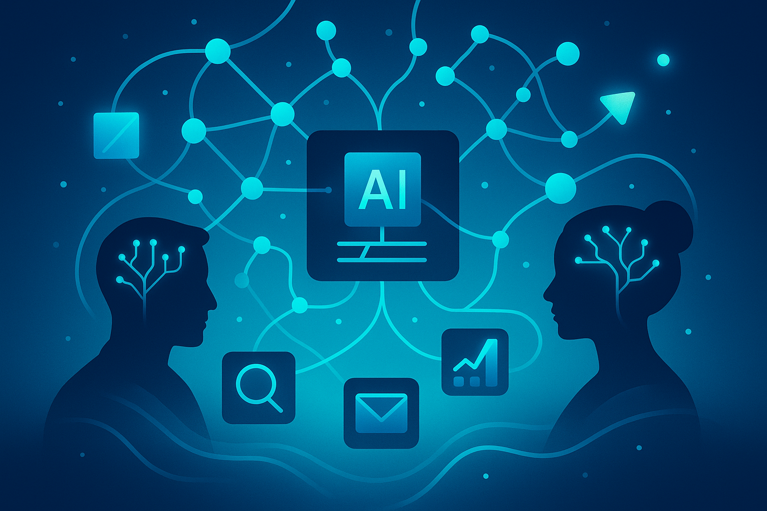 Modern flat illustration of interconnected nodes, data streams, human silhouettes, and glowing geometric shapes.