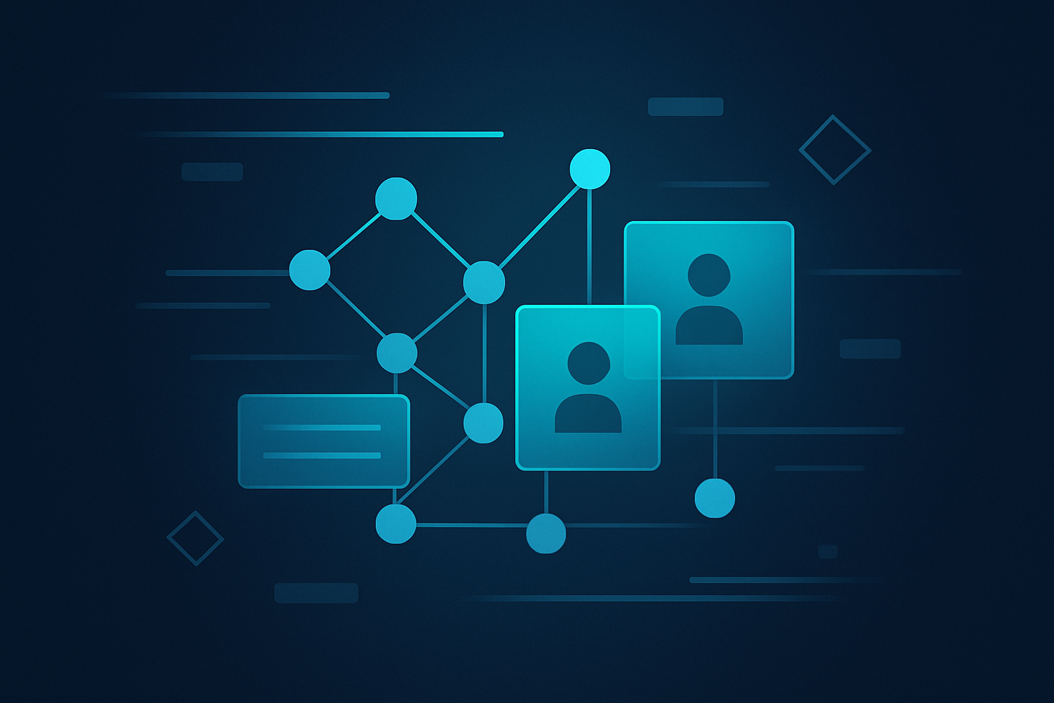 Modern flat illustration of interconnected nodes, timelines, and geometric shapes in a dark blue, cyan-lit space.