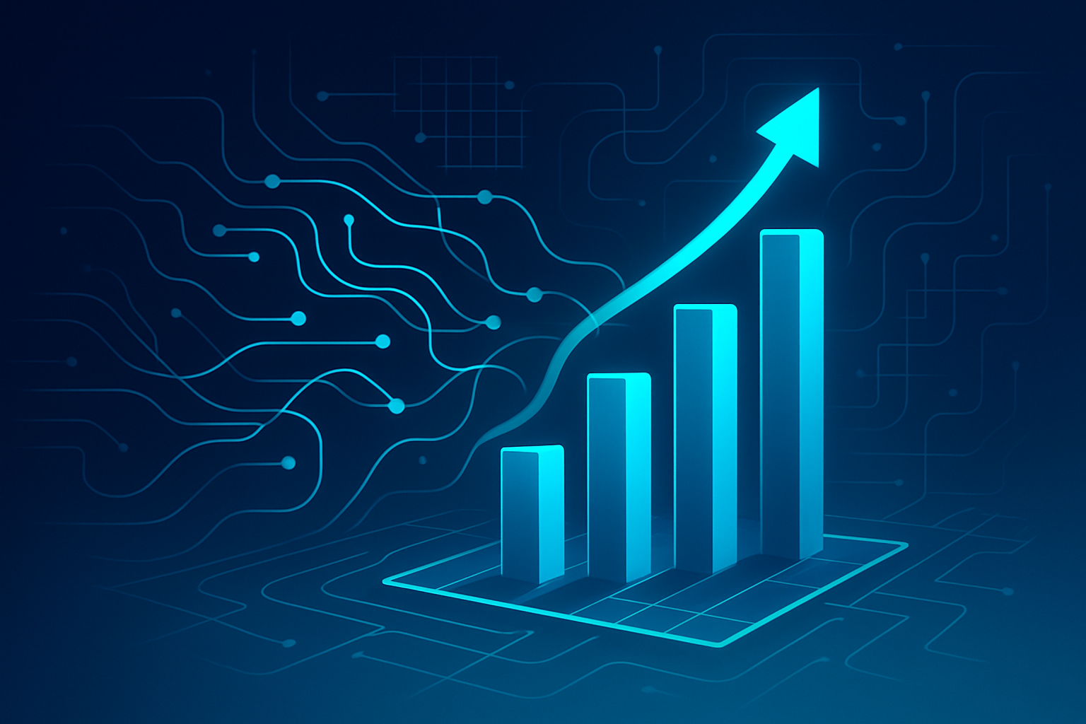 Modern flat illustration of neural pathways, data streams, and geometric growth in neon cyan on dark blue background.