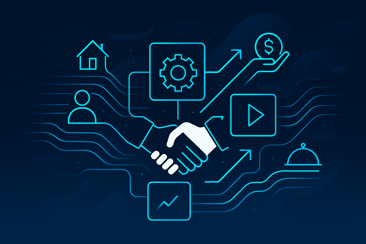 Modern flat illustration with geometric shapes, icons, and neon cyan glow on dark blue gradient background.