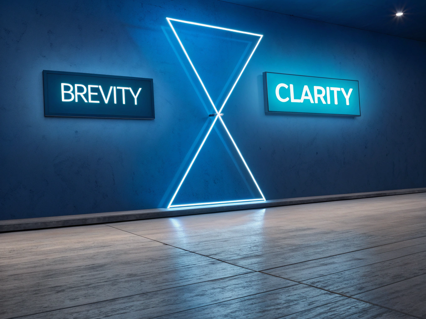 Modern flat illustration with glowing cyan text fragments and abstract shapes on dark blue background.
