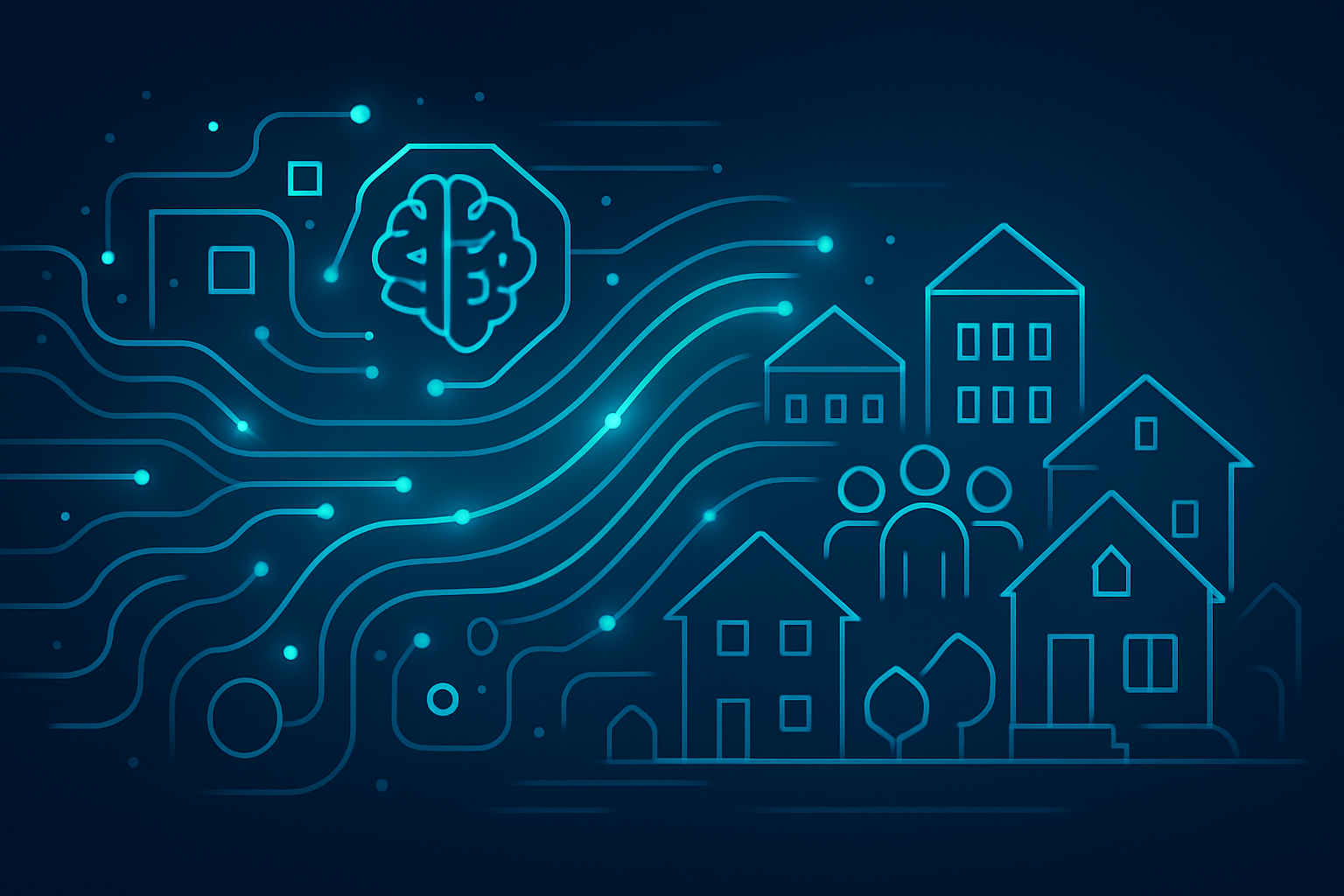 Modern illustration of glowing data streams connecting AI algorithms to community buildings and homes.