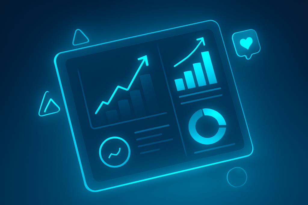 Modern neon cyan dashboard with geometric growth symbols on dark blue gradient background.