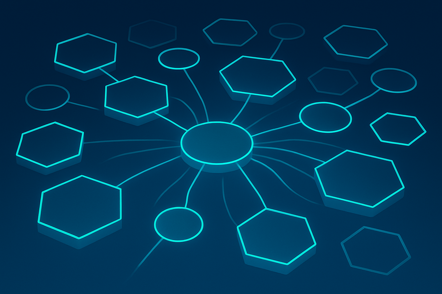 Modern neon cyan interconnected hexagons and circles with glowing data streams on dark blue background.