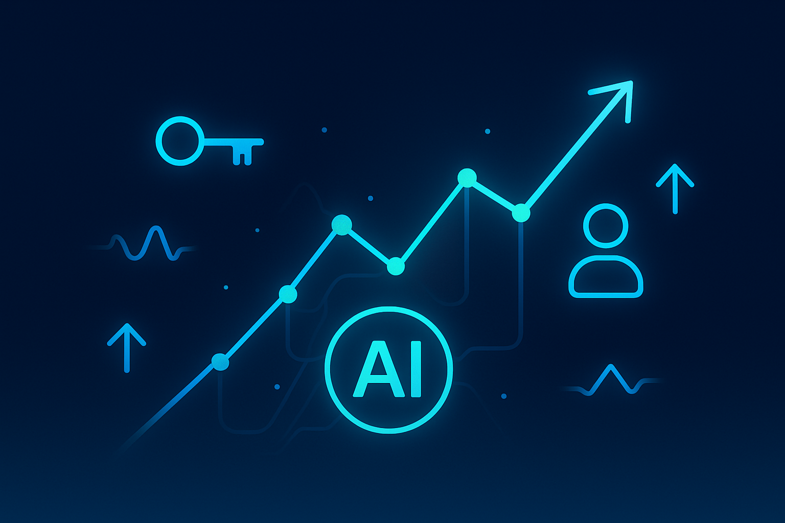 Modern tech illustration with data streams, interconnected nodes, AI lines, and hospitality icons.